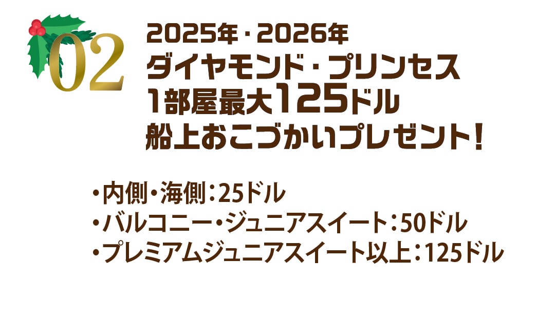ダイヤモンド・プリンセス 1部屋最大125ドル 船上おこづかいプレゼント!