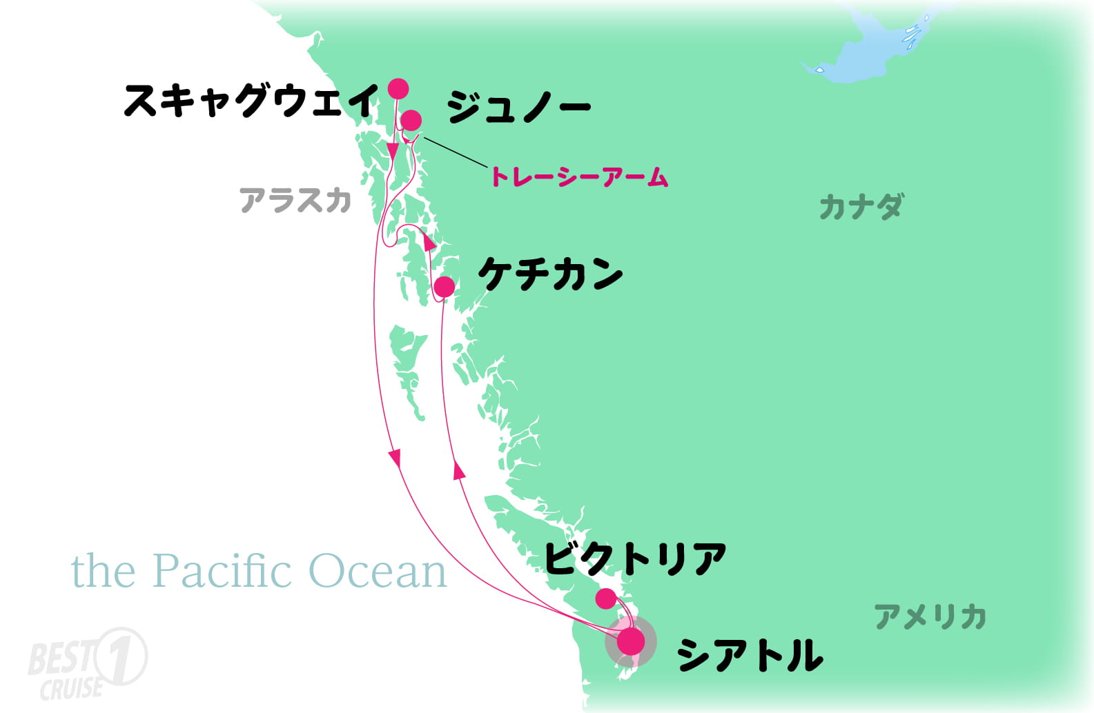 スター・プリンセスのアラスカコース地図