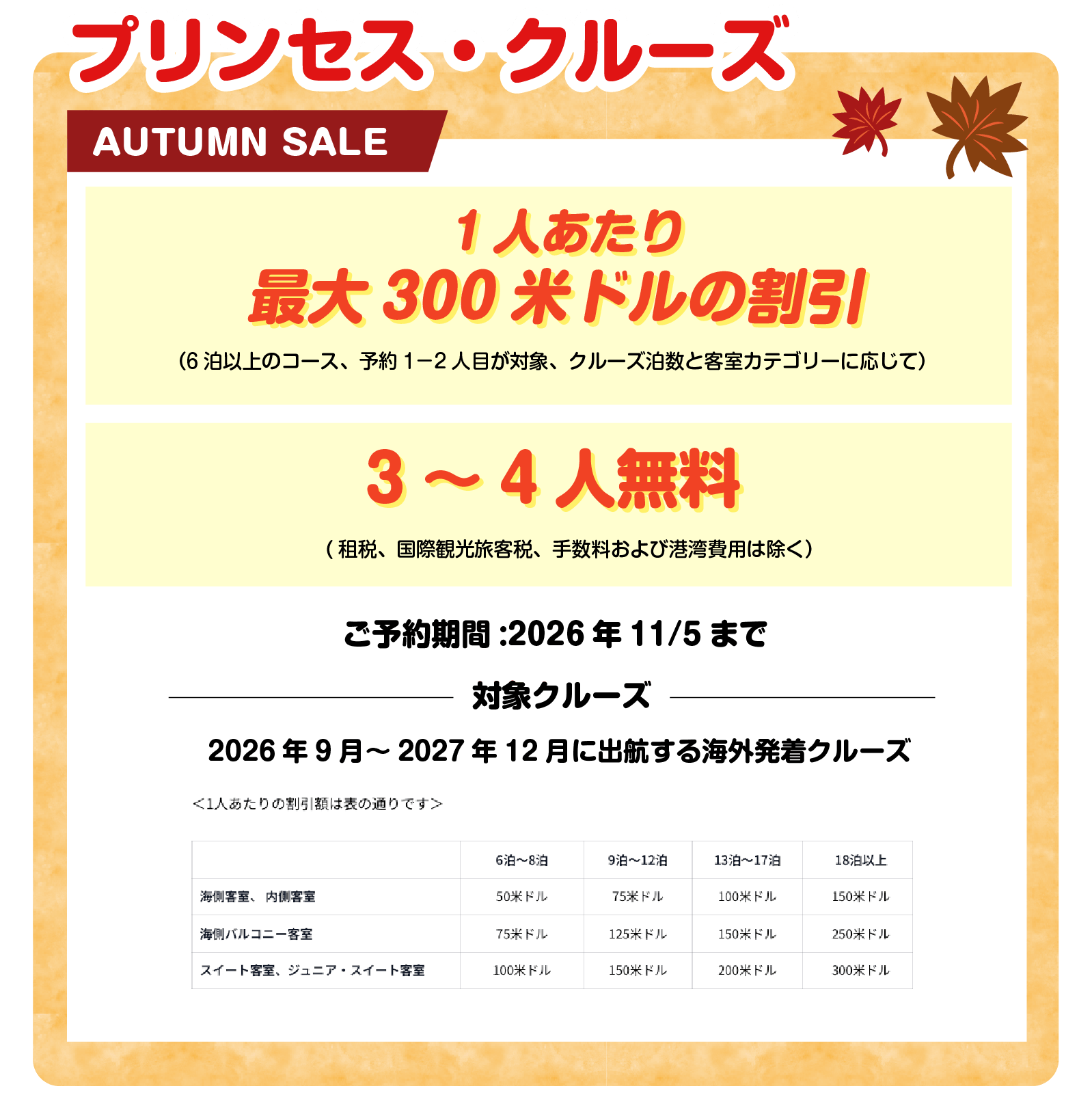 プリンセス・クルーズ AUTUMN SALE 特典