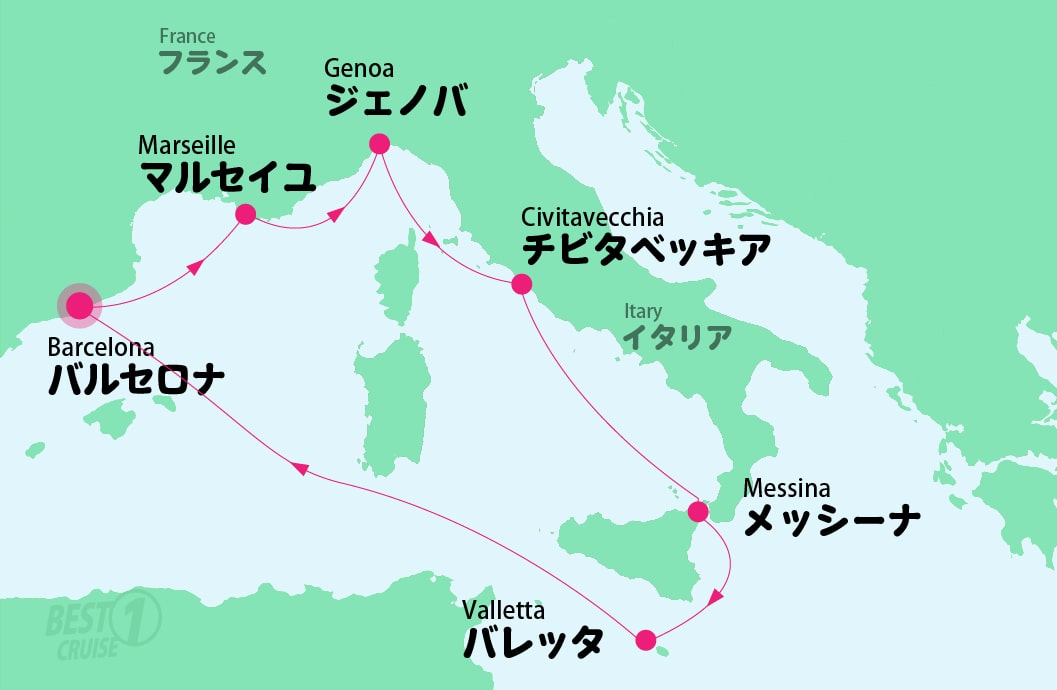 MSCメラビリアで巡る 地中海周遊クルーズ の航路図