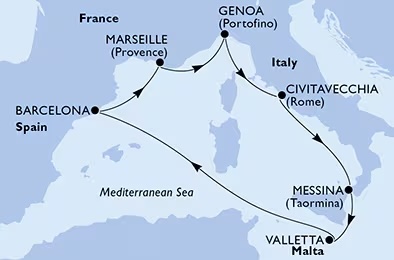 MSCワールドアジアで巡る 地中海クルーズ 航路図
