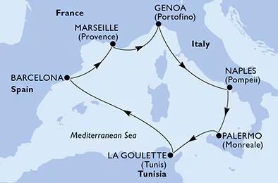MSCエウリビアで巡る 地中海周遊クルーズ の航路図