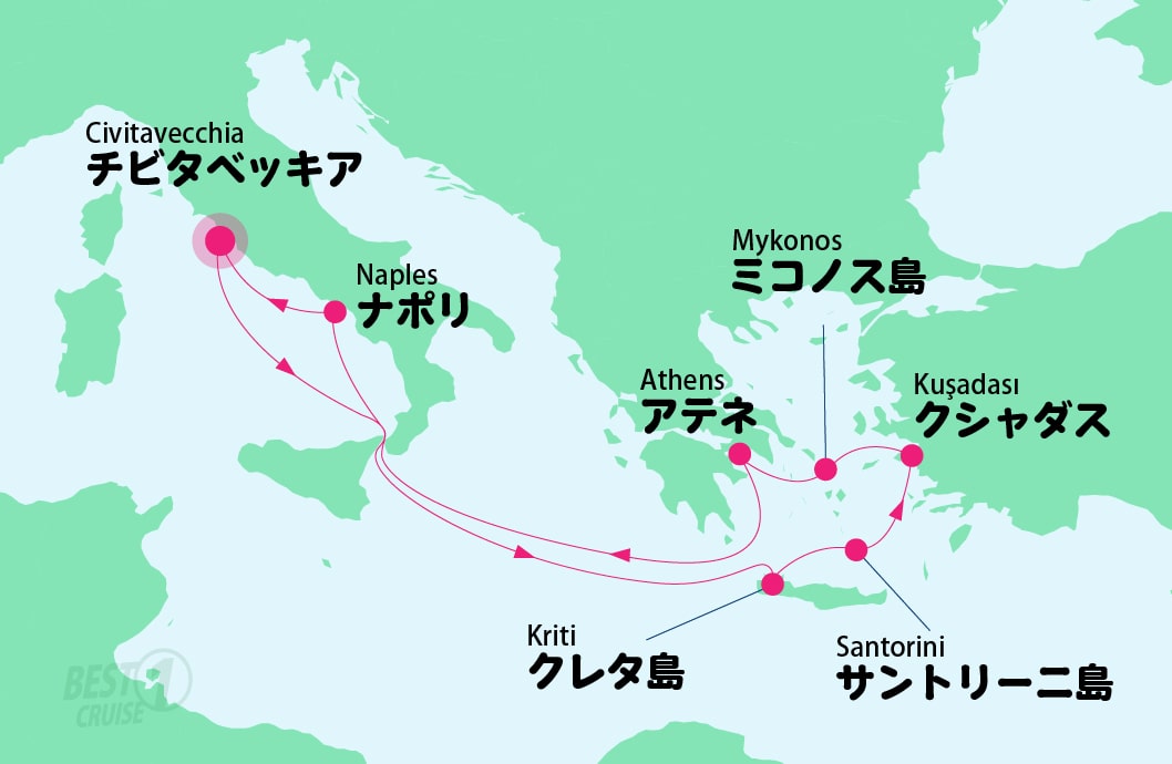オデッセイ・オブ・ザ・シーズ号で行く エーゲ海クルーズ 9泊10日 -チビタベッキア/ローマ発(イタリア)チビタベッキア/ローマ着(イタリア)-航路図
