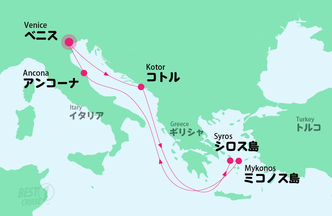 MSCリリカ号で行く エーゲ海クルーズ 7泊8日 -ベニス発(イタリア)ベニス着(イタリア)-航路図
