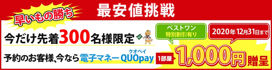 最安値挑戦 早い者勝ち今だけ先着300名様限定 予約のお客様、今なら電子マネークオペイ1部屋1000円贈呈 2019年11月30日まで ベストワン特別割引有り